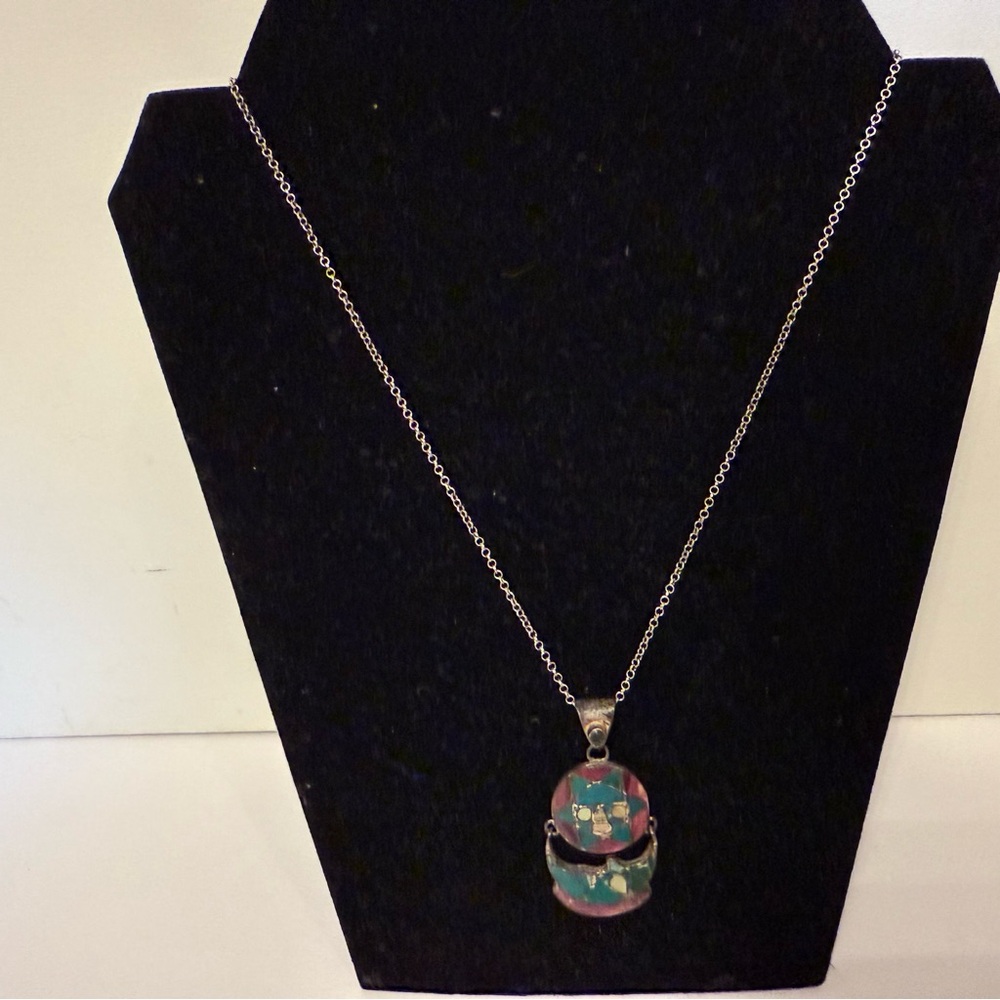 PENDANT 950 STERLING SILVER SUN MOON INLAY BLUE PURPLE MOP CHAIN 925 15” 8.2 g